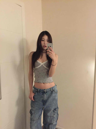 Flower Beads Crop Bustier Sleeveless Tank Top