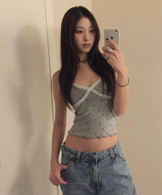 Flower Beads Crop Bustier Sleeveless Tank Top