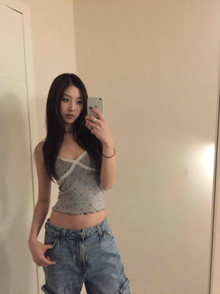 Flower Beads Crop Bustier Sleeveless Tank Top