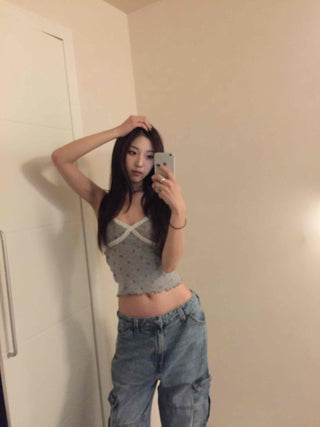 Flower Beads Crop Bustier Sleeveless Tank Top