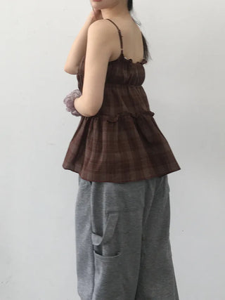 Vert check frill sleeveless blouse