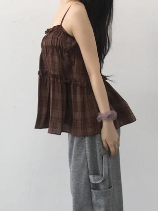 Vert check frill sleeveless blouse