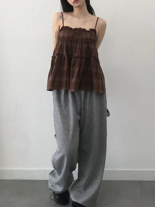 Vert check frill sleeveless blouse