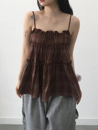Vert check frill sleeveless blouse