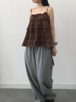 Vert check frill sleeveless blouse