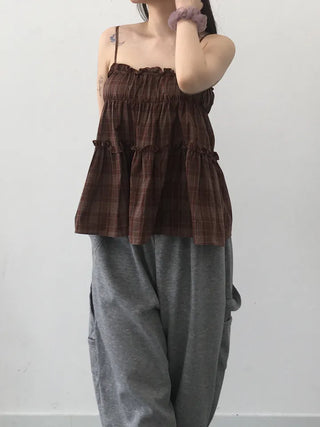 Vert check frill sleeveless blouse