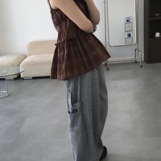Vert check frill sleeveless blouse