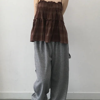 Vert check frill sleeveless blouse
