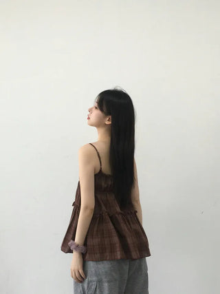 Vert check frill sleeveless blouse