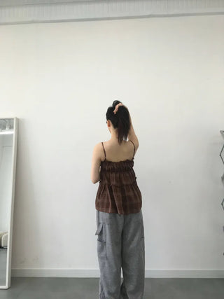 Vert check frill sleeveless blouse