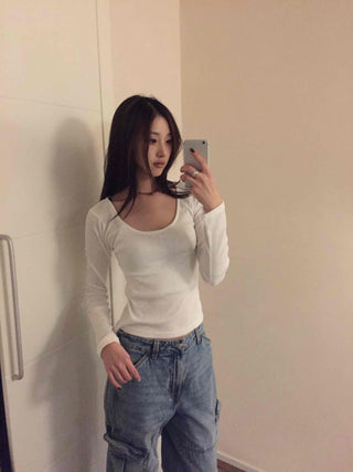 Delicate Fit Slim Square Neck Ribbed Long Sleeve Tee