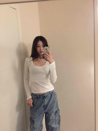 Delicate Fit Slim Square Neck Ribbed Long Sleeve Tee