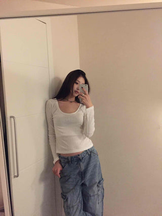 Delicate Fit Slim Square Neck Ribbed Long Sleeve Tee
