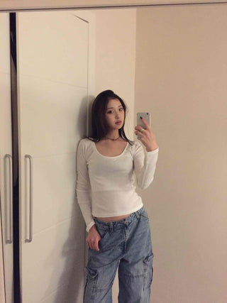 Delicate Fit Slim Square Neck Ribbed Long Sleeve Tee