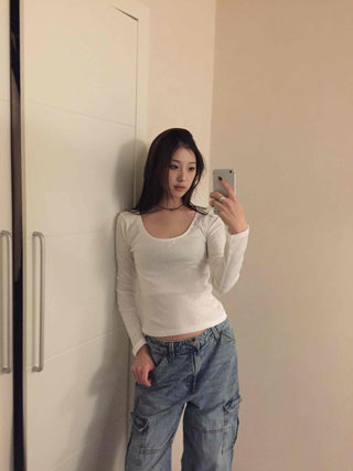 Delicate Fit Slim Square Neck Ribbed Long Sleeve Tee