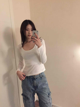 Delicate Fit Slim Square Neck Ribbed Long Sleeve Tee
