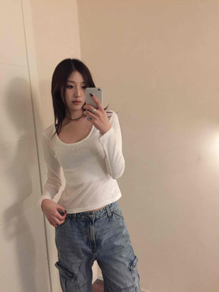 Delicate Fit Slim Square Neck Ribbed Long Sleeve Tee