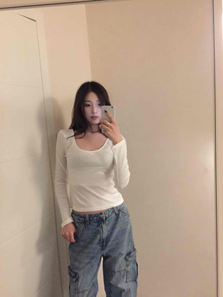 Delicate Fit Slim Square Neck Ribbed Long Sleeve Tee