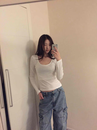 Delicate Fit Slim Square Neck Ribbed Long Sleeve Tee