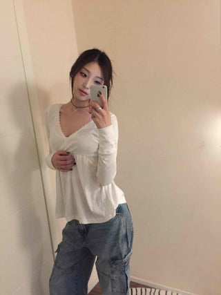 Heartneck Balloon Flare Babydoll Long Sleeve T-shirt