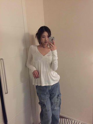 Heartneck Balloon Flare Babydoll Long Sleeve T-shirt