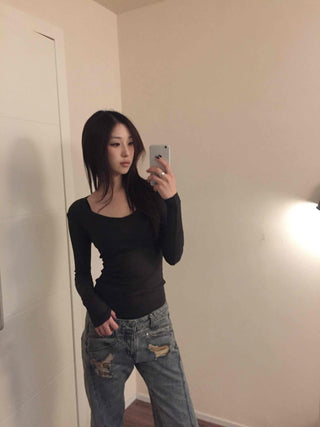 Delicate Fit Square Neck Body-Fit Ribbed Long Sleeve Tee