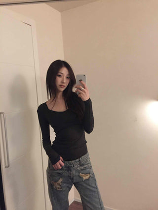 Delicate Fit Square Neck Body-Fit Ribbed Long Sleeve Tee