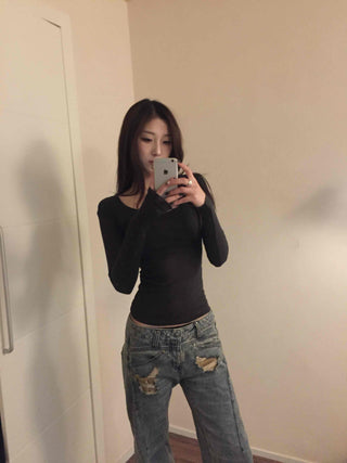 Delicate Fit Square Neck Body-Fit Ribbed Long Sleeve Tee