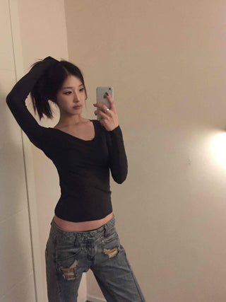 Delicate Fit Square Neck Body-Fit Ribbed Long Sleeve Tee