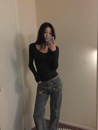 Delicate Fit Square Neck Body-Fit Ribbed Long Sleeve Tee