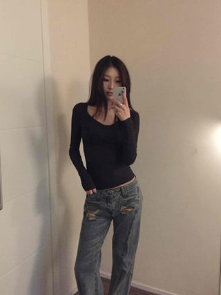 Delicate Fit Square Neck Body-Fit Ribbed Long Sleeve Tee
