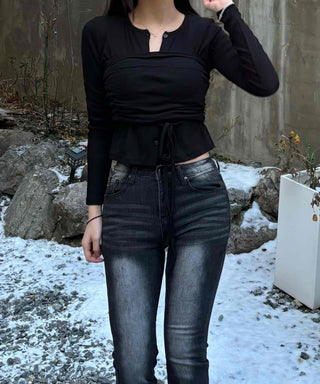 Ash Molded Elastic V-Neck Slim Fit Long Sleeve Tee
