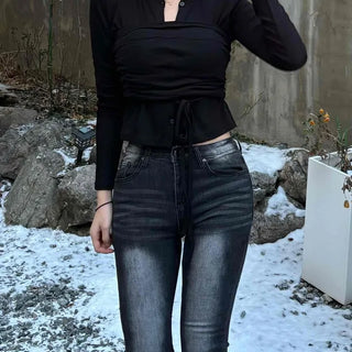Ash Molded Elastic V-Neck Slim Fit Long Sleeve Tee