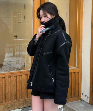 Eco Fur Trimmed Oversized Shearling Coat