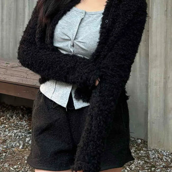 Teddy Heathered V-Neck Long Knit Cardigan