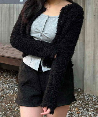 Teddy Heathered V-Neck Long Knit Cardigan