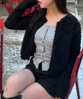 Teddy Heathered V-Neck Long Knit Cardigan