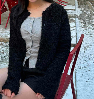 Teddy Heathered V-Neck Long Knit Cardigan