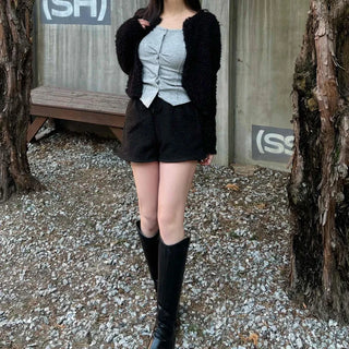 Teddy Heathered V-Neck Long Knit Cardigan