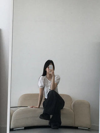 Nev Ribbon See-through Sleeve Puff Blouse