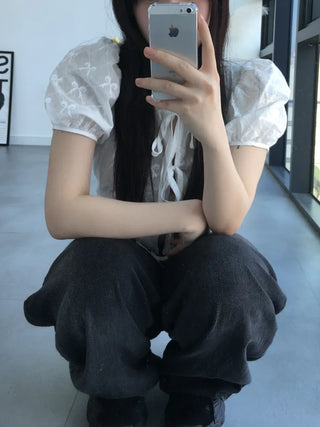 Nev Ribbon See-through Sleeve Puff Blouse