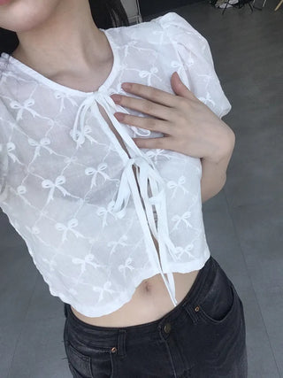 Nev Ribbon See-through Sleeve Puff Blouse