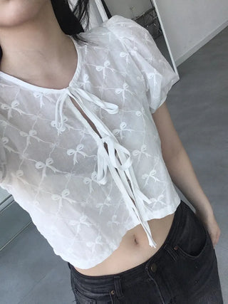 Nev Ribbon See-through Sleeve Puff Blouse