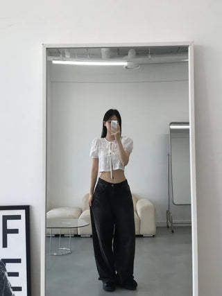 Nev Ribbon See-through Sleeve Puff Blouse