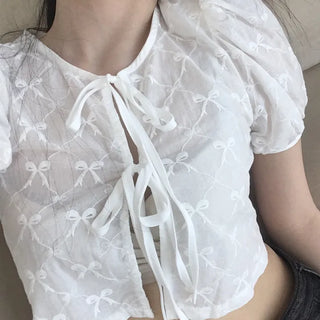 Nev Ribbon See-through Sleeve Puff Blouse