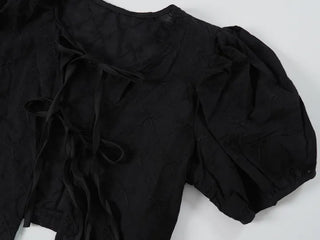 Nev Ribbon See-through Sleeve Puff Blouse