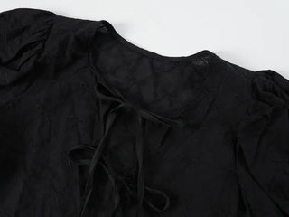 Nev Ribbon See-through Sleeve Puff Blouse