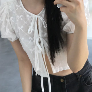 Nev Ribbon See-through Sleeve Puff Blouse