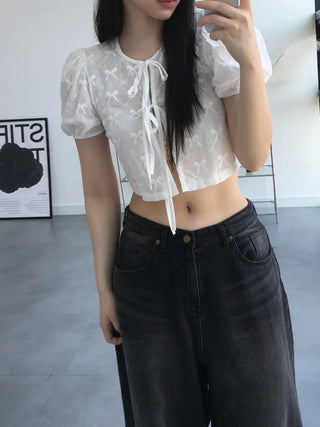 Nev Ribbon See-through Sleeve Puff Blouse