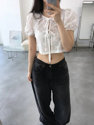 Nev Ribbon See-through Sleeve Puff Blouse